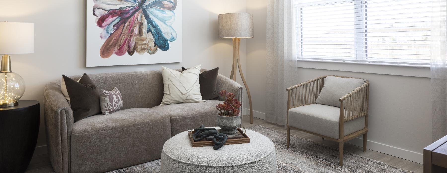 a living room with a couch and coffee table