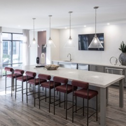 kitchen with ample counter-space, modern appliances and bright lighting